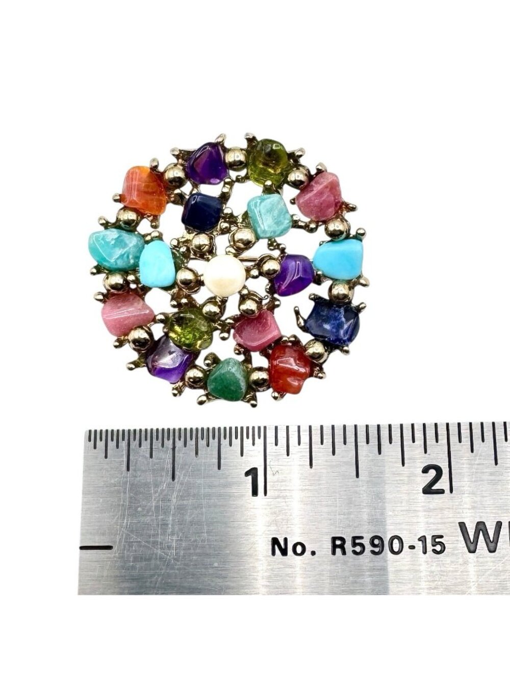 Vintage Multicolor Gemstone Chip Cluster Brooch 70s BOHO Gold Tone Cast Setting - Picture 16 of 16
